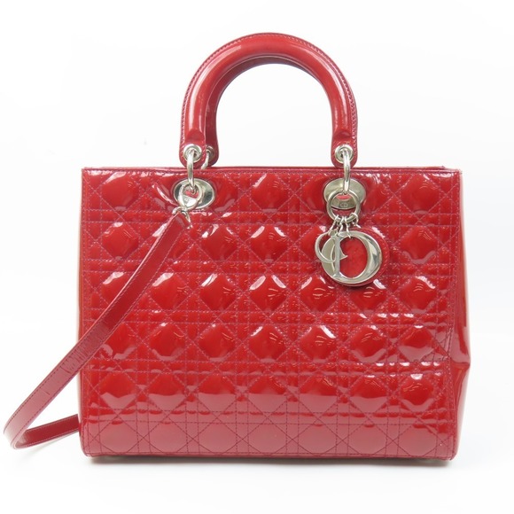 Dior 2Way Red Stitch Patent Leather  Cannage Lady Christian  Bag - Picture 1 of 16
